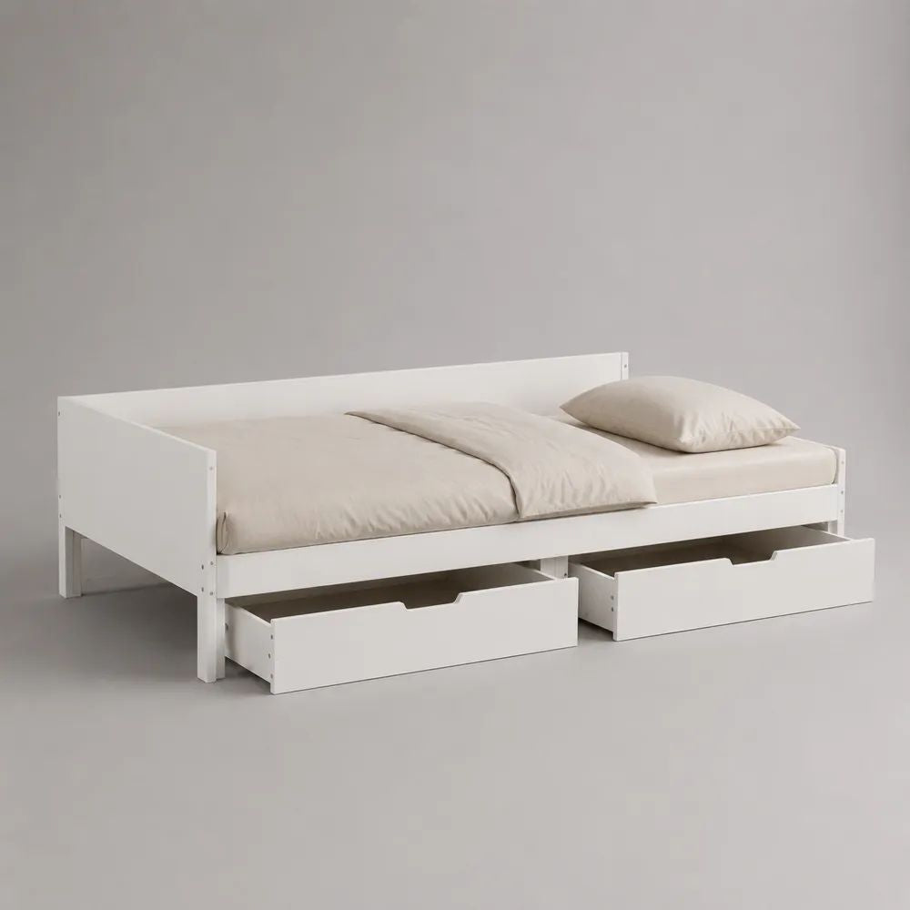 Tagesbett mit 2 Schubladen aus Kiefer-Massivholz und MDF, Liegefläche 90 × 200 cm, Weiß