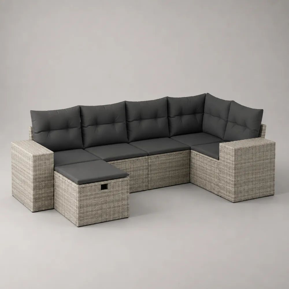 6-teiliges Gartenlounge-Set aus PE-Rattan mit Stauraumhocker, U-förmig, Hellgrau/Anthrazit, 260 × 190 × 73 cm