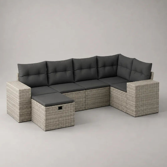 6-teiliges Gartenlounge-Set aus PE-Rattan mit Stauraumhocker, U-förmig, Hellgrau/Anthrazit, 260 × 190 × 73 cm