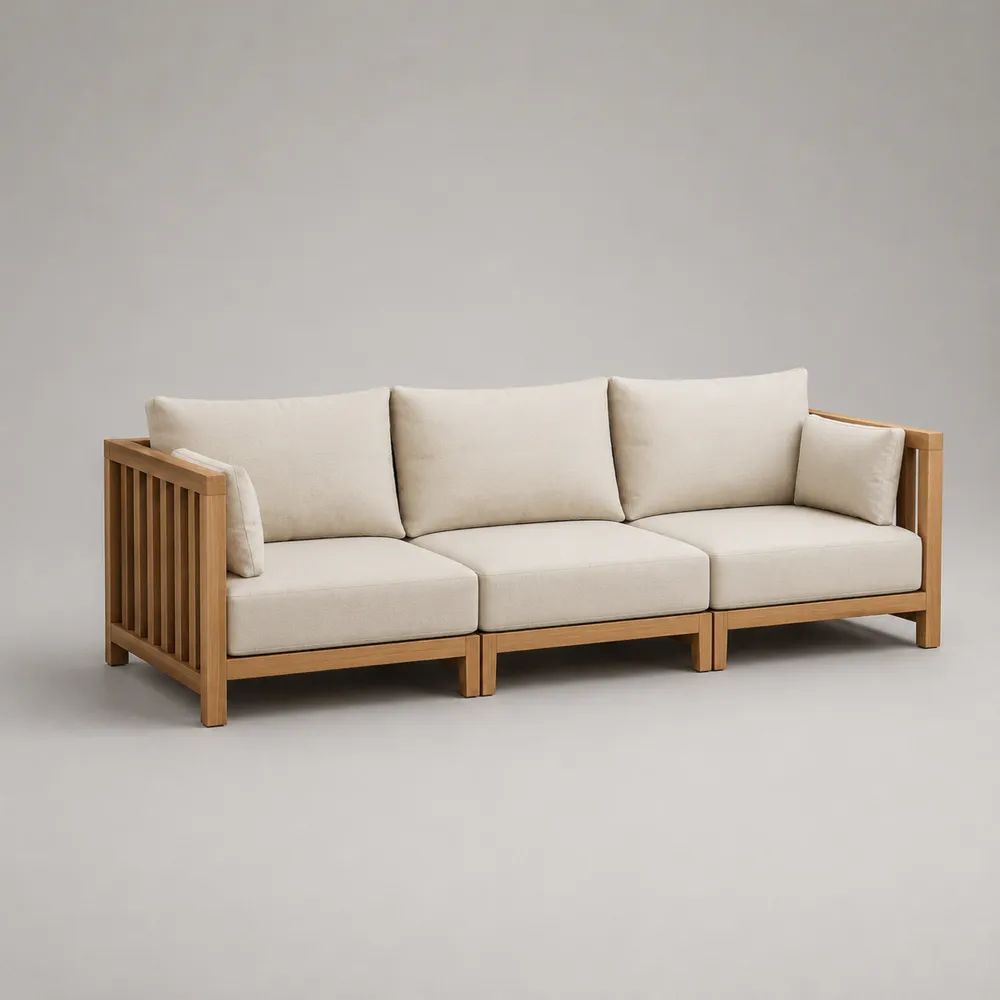 3-teiliges Gartensofa, 3-Sitzer aus massivem Akazienholz mit cremeweißen Polstern, 218 × 82 × 72 cm
