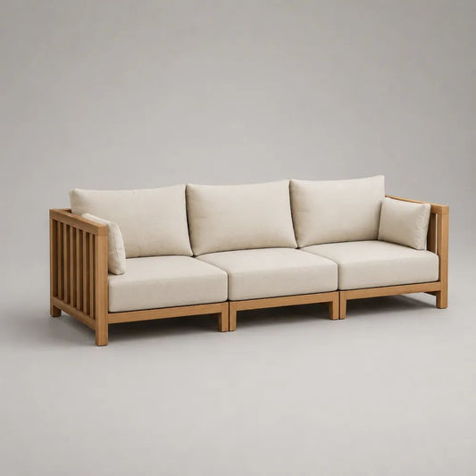 3-teiliges Gartensofa, 3-Sitzer aus massivem Akazienholz mit cremeweißen Polstern, 218 × 82 × 72 cm