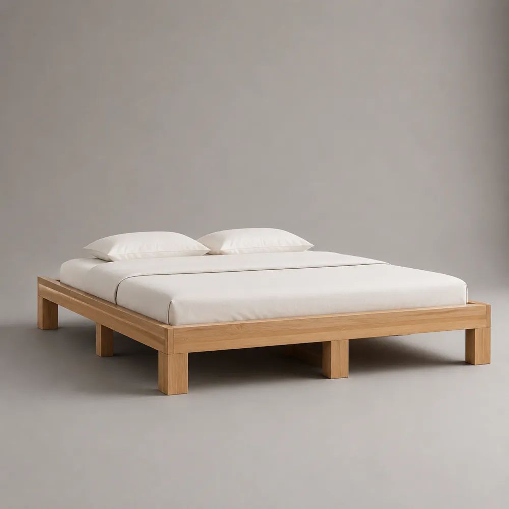 Massivholzbett aus Eiche in Naturholz, Liegefläche 180 × 200 cm, Gesamtmaß 210 × 190 × 36 cm, Doppelbett ohne Kopfteil