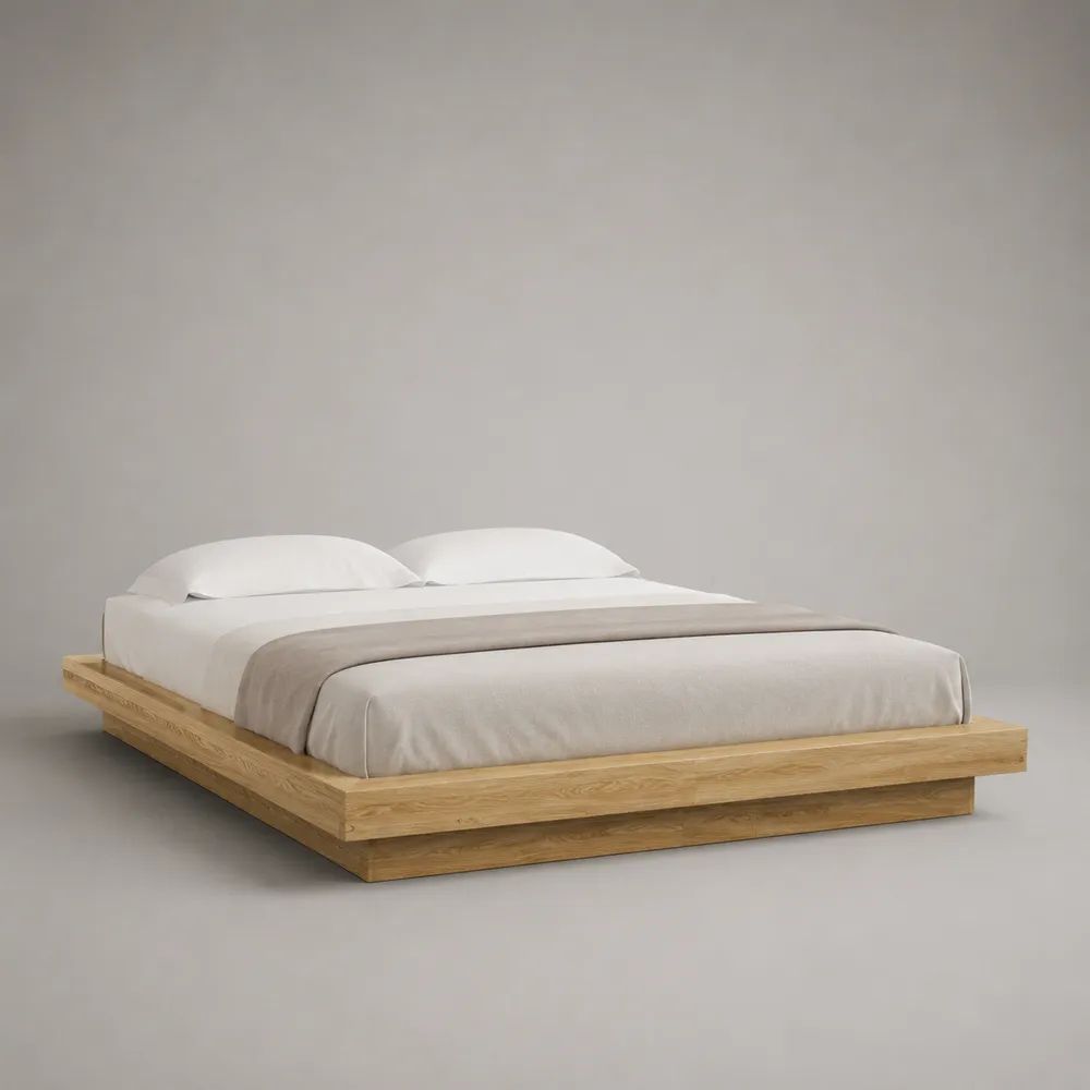 Doppelbett Futonbett aus massivem Eichenholz, Liegefläche 180 x 200 cm, Gesamtmaß 226 x 216 x 28 cm, Natur/Hellbraun, ohne Kopfteil