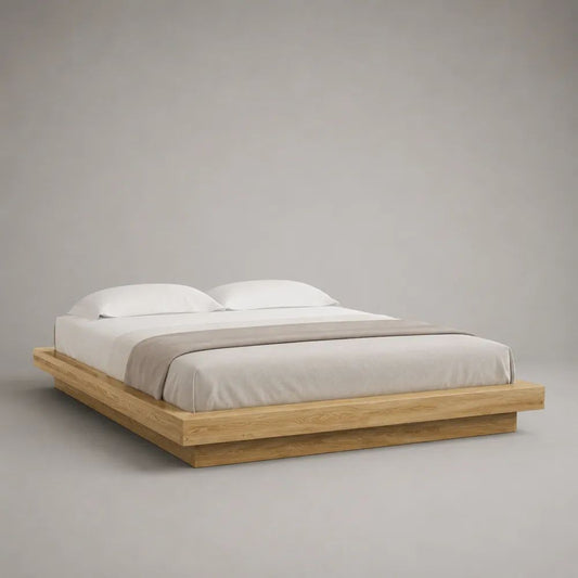 Doppelbett Futonbett aus massivem Eichenholz, Liegefläche 180 x 200 cm, Gesamtmaß 226 x 216 x 28 cm, Natur/Hellbraun, ohne Kopfteil